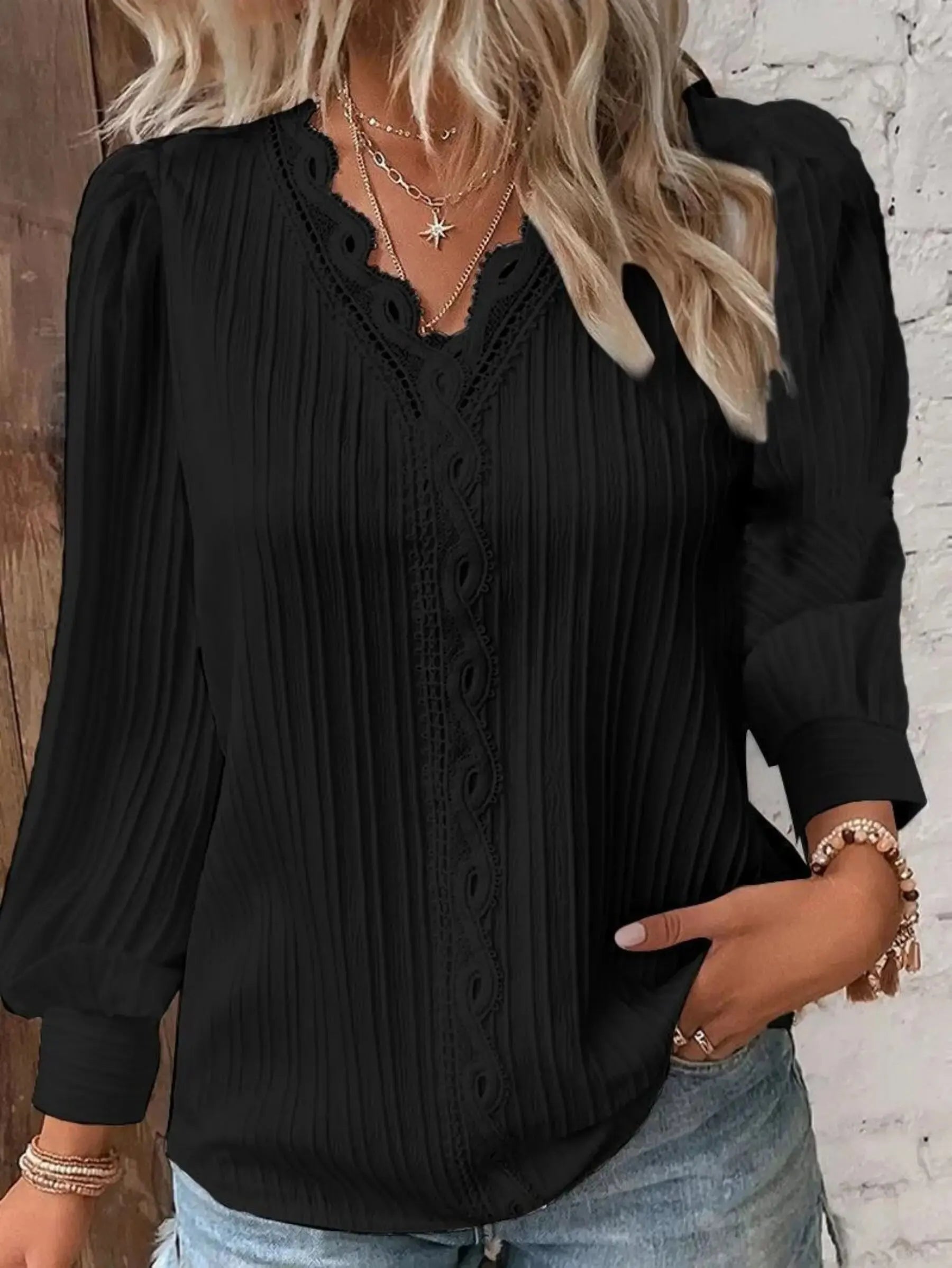 Elegant Black Chiffon V-Neck Blouse with Lace Stitching