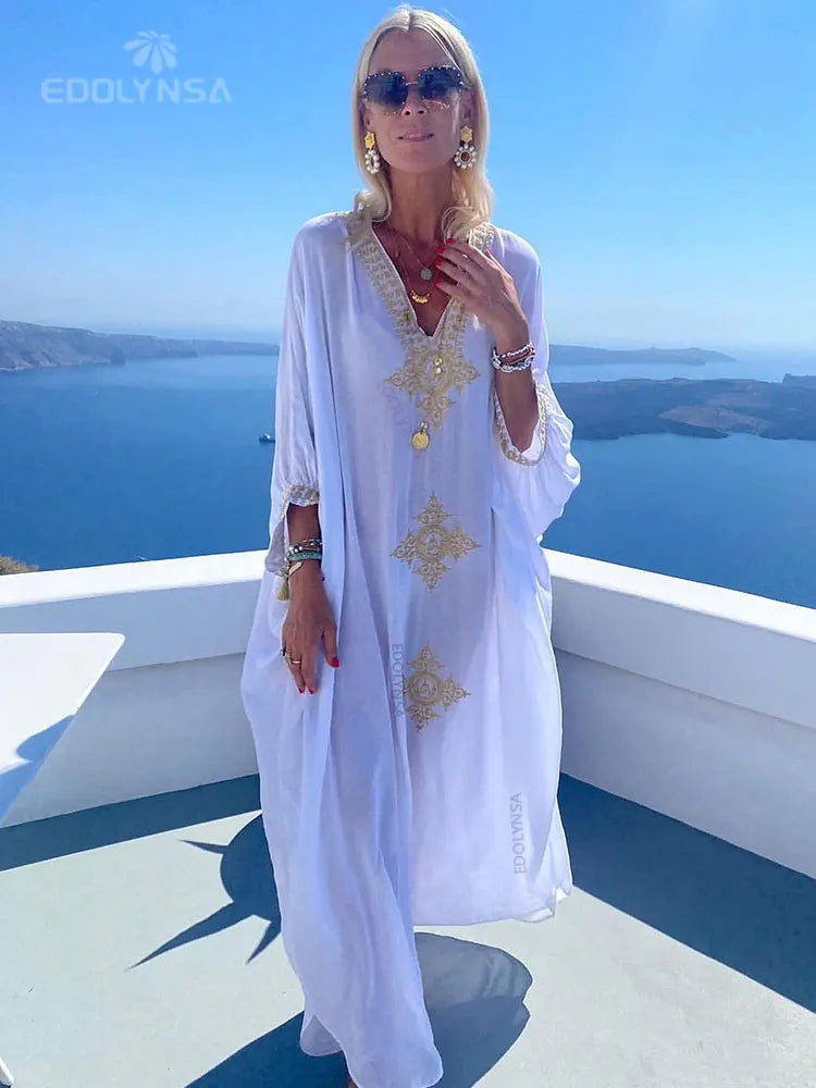 Elegant Gold Embroidered Kaftan - Retro V-Neck White Dress