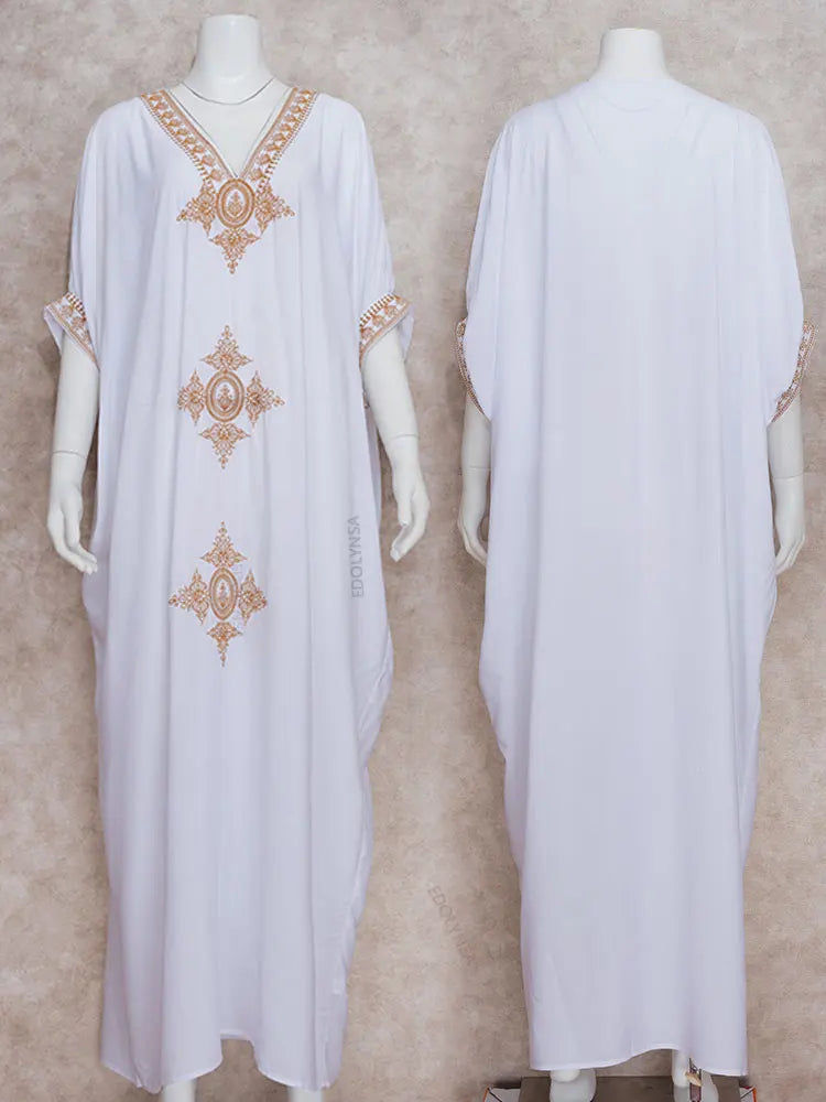 Elegant Gold Embroidered Kaftan - Retro V-Neck White Dress