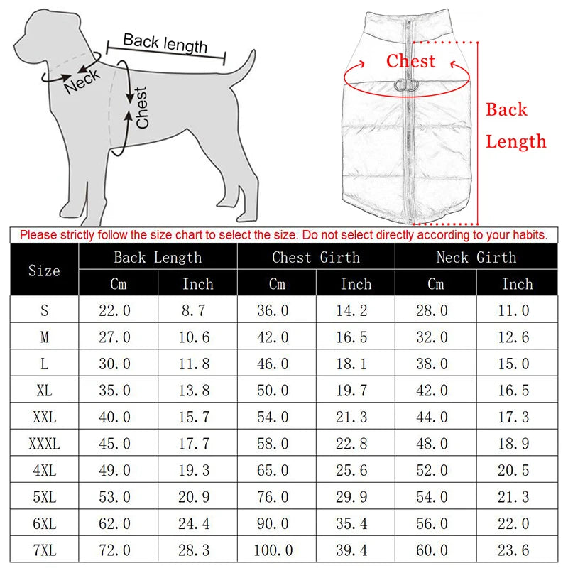 size chart Premium Waterproof Winter Dog Coat 