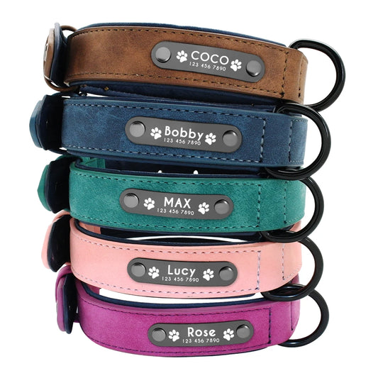 Personalised Leather Dog Collars: Customised Name ID Tags 