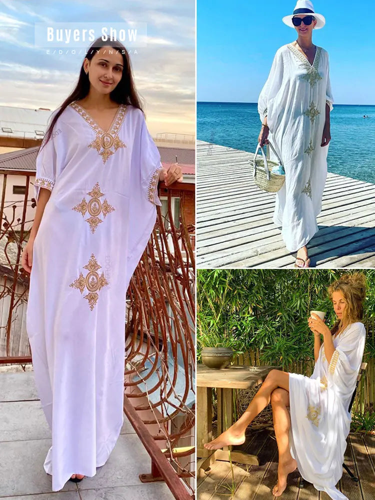 Elegant Gold Embroidered Kaftan - Retro V-Neck White Dress