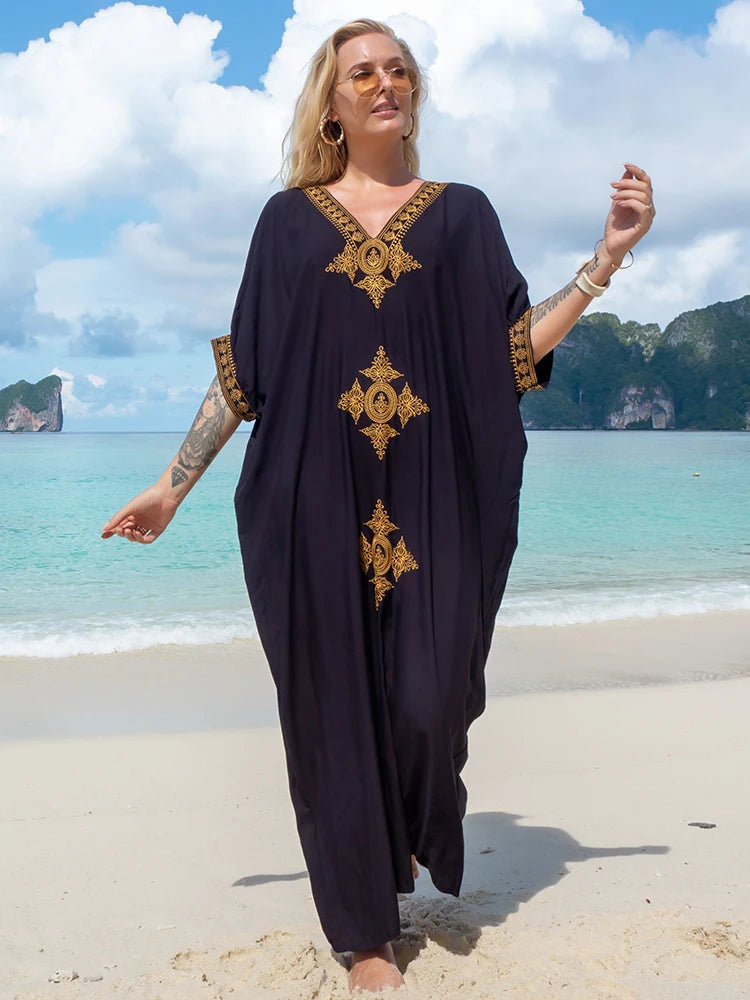 Elegant Gold Embroidered Kaftan - Retro V-Neck White Dress