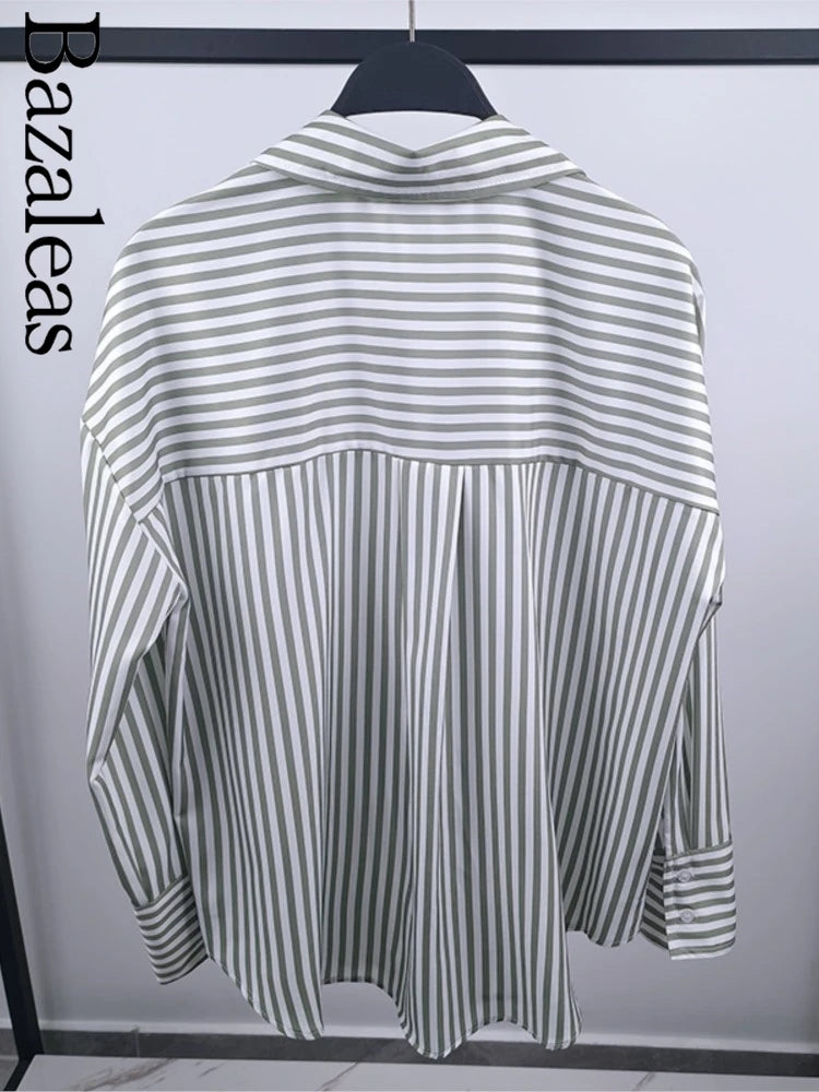 Loose Green Stripe Print Blouse –  Single Breasted Casual Shirt Top