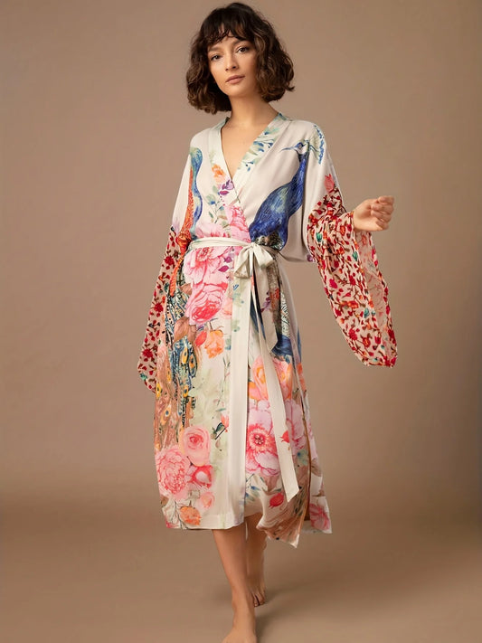 Women's Beach Kimono: Peacock Printed Swimsuit Cover Up Versatile wrap