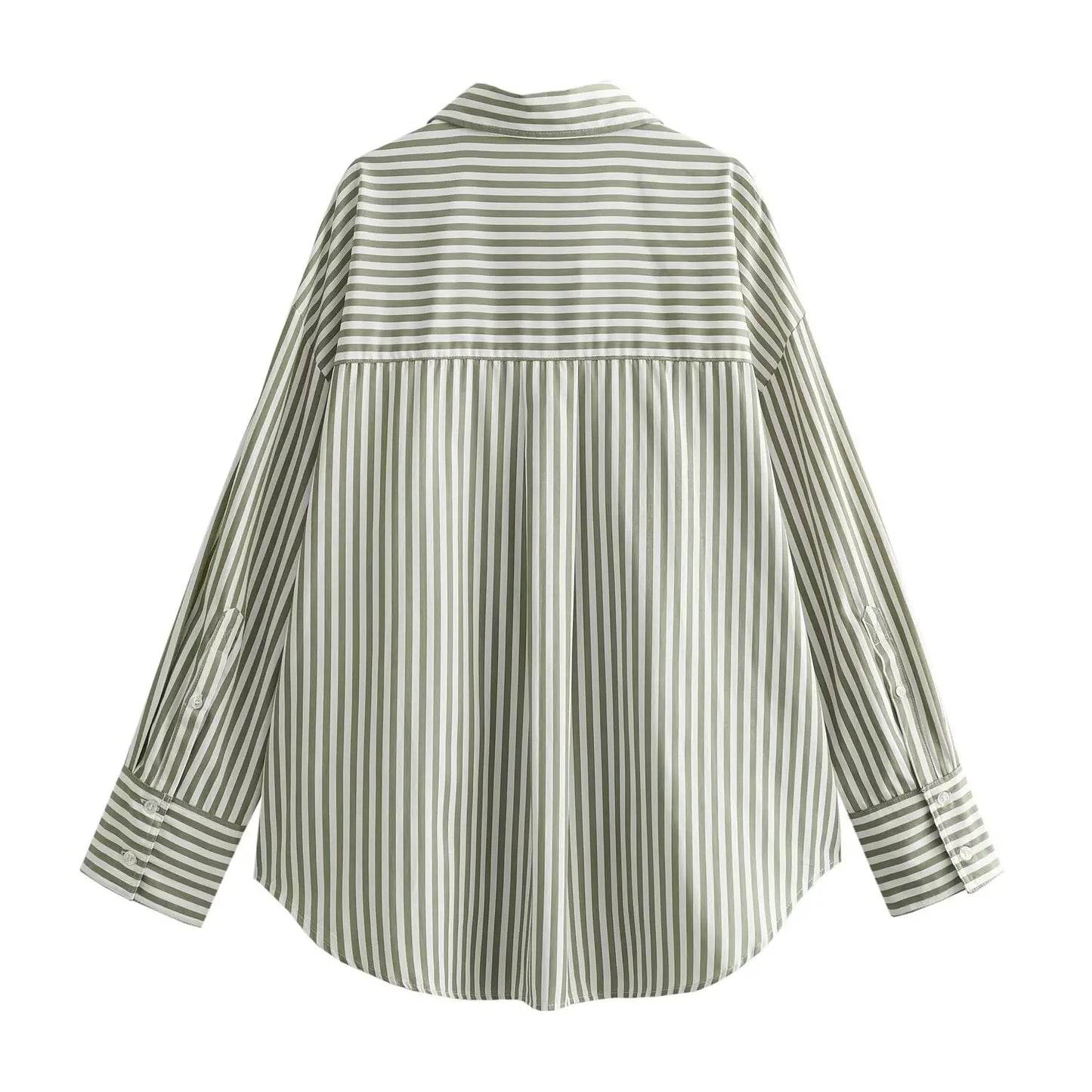 Loose Green Stripe Print Blouse –  Single Breasted Casual Shirt Top