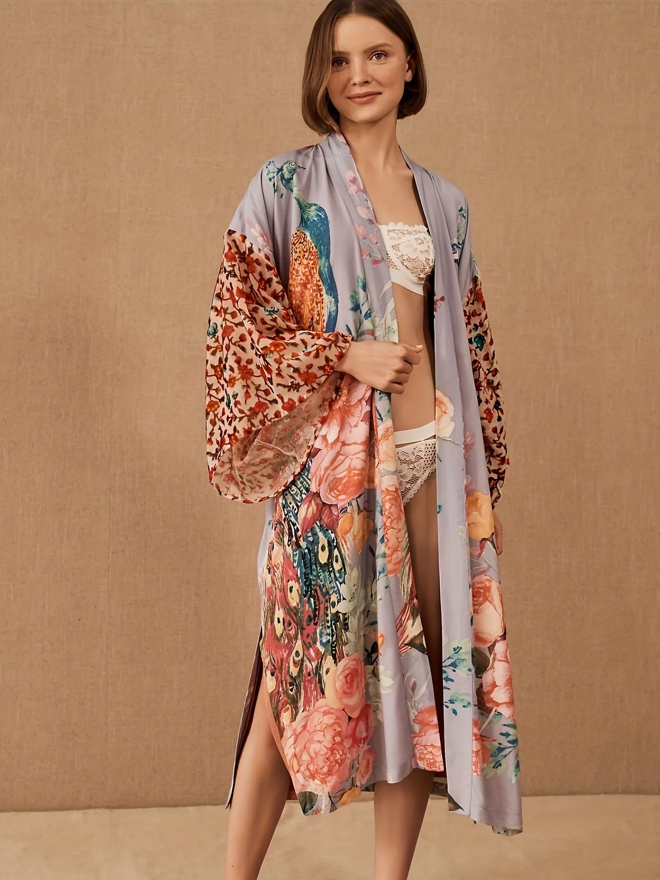 Women's Beach Kimono: Peacock Printed Swimsuit Cover Up Versatile wrap