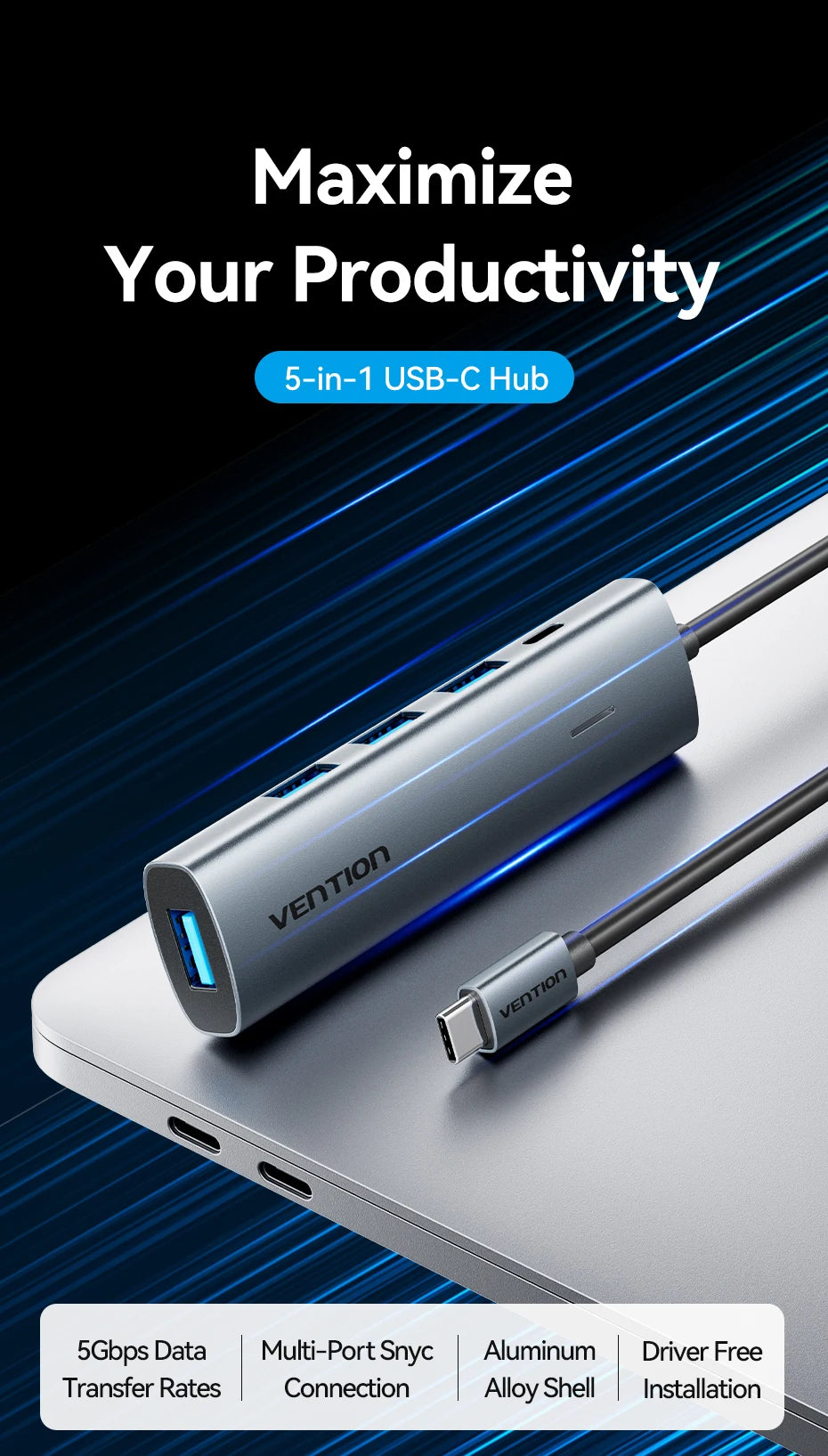 Vention USB C Hub 4-Port Adapter – High-Speed USB 3.0 for MacBook & More