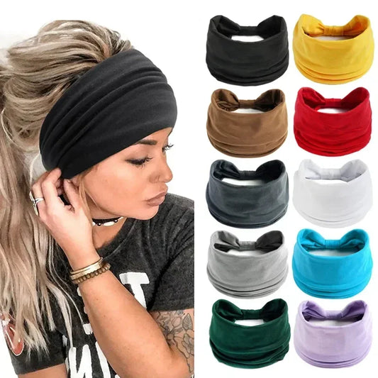 Boho Solid Color Wide Headbands Vintage Knot Elastic Turban 