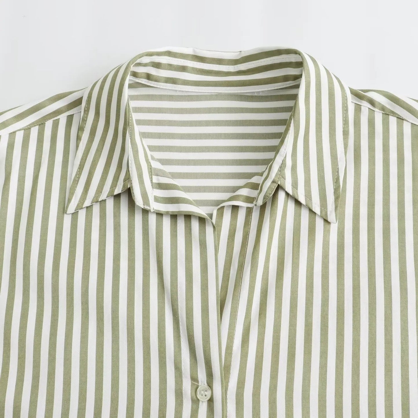 Loose Green Stripe Print Blouse –  Single Breasted Casual Shirt Top