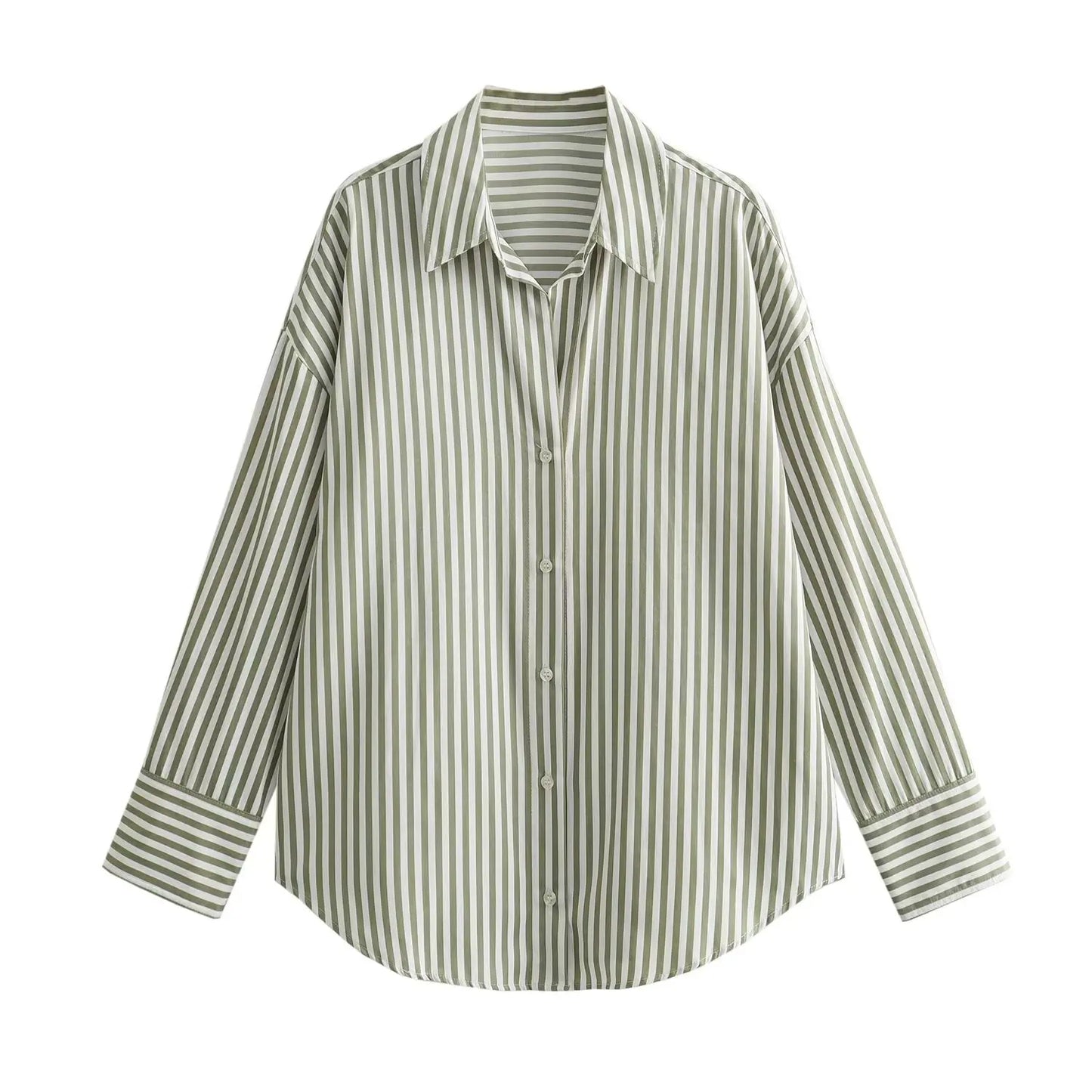 Loose Green Stripe Print Blouse –  Single Breasted Casual Shirt Top