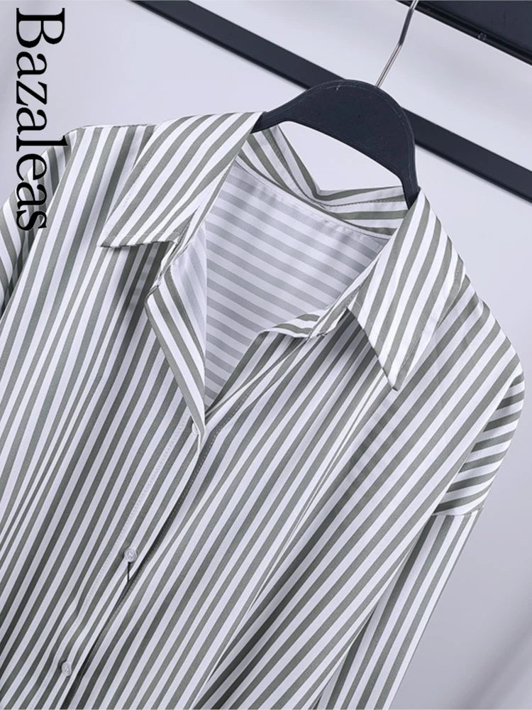 Loose Green Stripe Print Blouse –  Single Breasted Casual Shirt Top