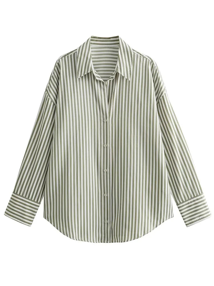 Loose Green Stripe Print Blouse – 2024 Single Breasted Casual Shirt Top