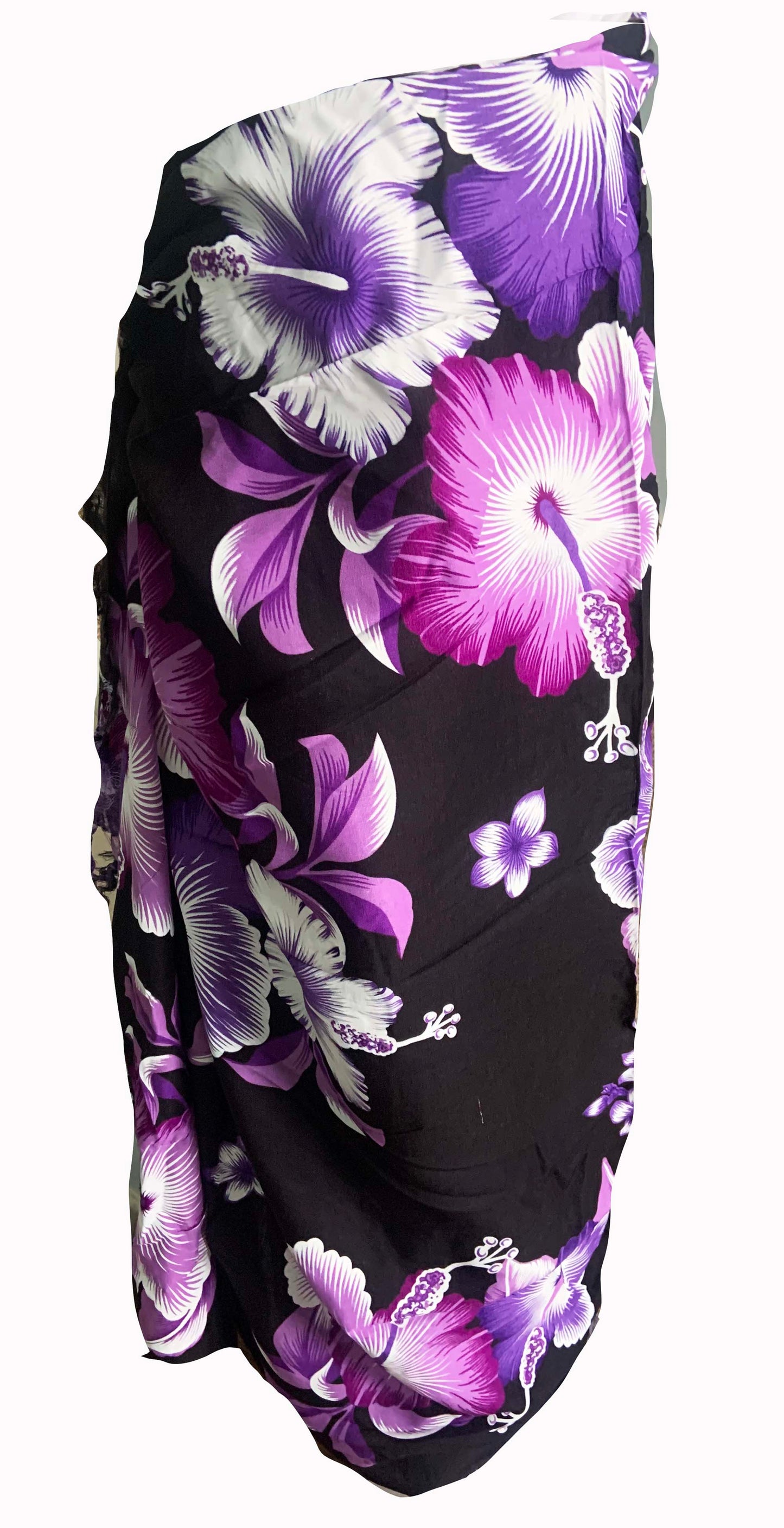 Elegant Black Sarong with Purple Flower Pattern  - Sophisticated Beach Cover-Up