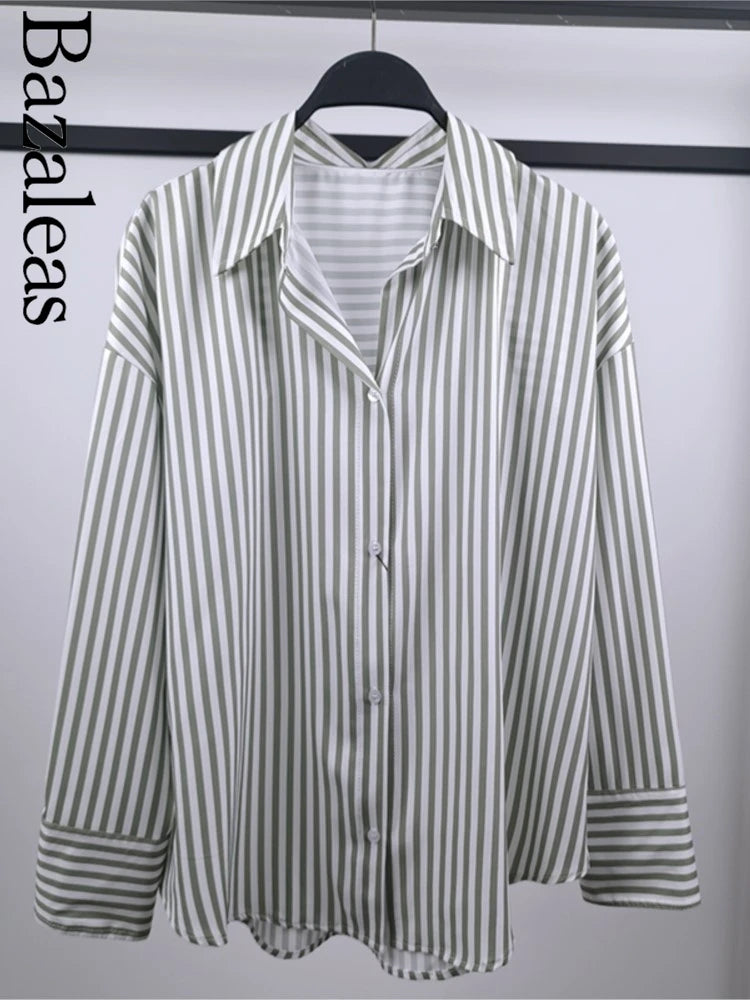 Loose Green Stripe Print Blouse – 2024 Single Breasted Casual Shirt Top