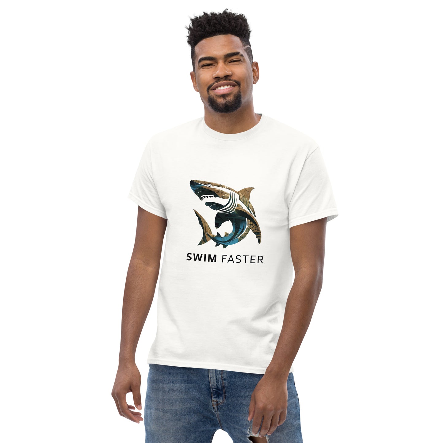 Shark logo design " Swim Faster " Men's classic tee