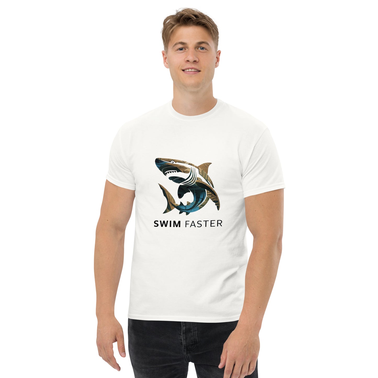 Shark logo design " Swim Faster " Men's classic tee