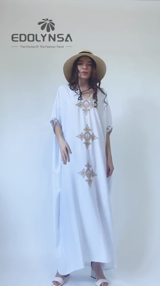 Elegant Gold Embroidered Kaftan - Retro V-Neck White Dress