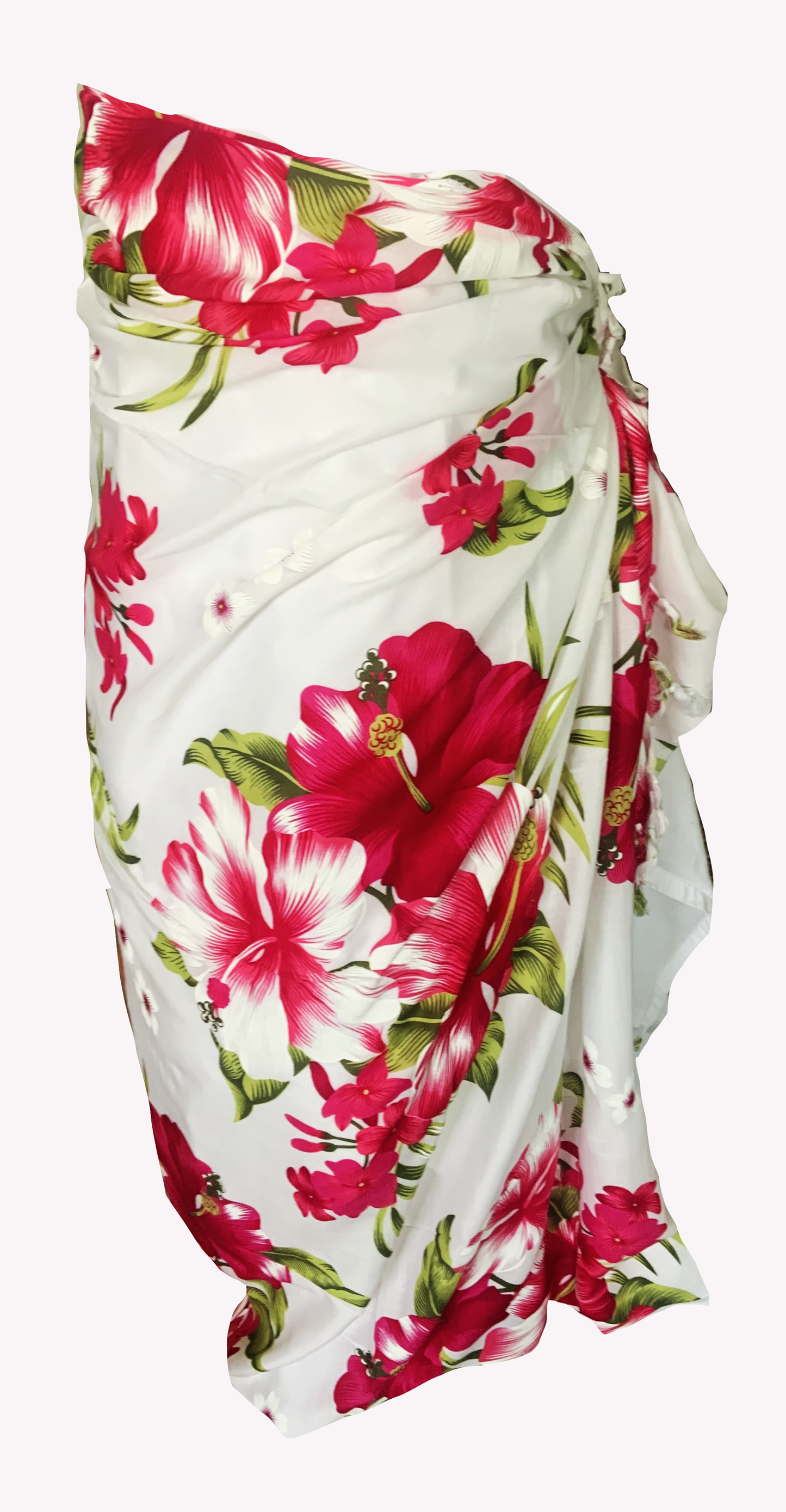 Elegant White Sarong with Red Flower Pattern  - Sophisticated Beach Cover-Up